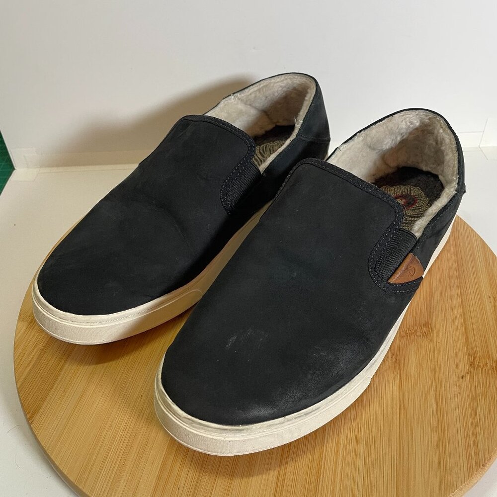 Olukai Women 10 Black Pehuea Heu Genuine Shearling Slip-On Sneaker Drop Heel